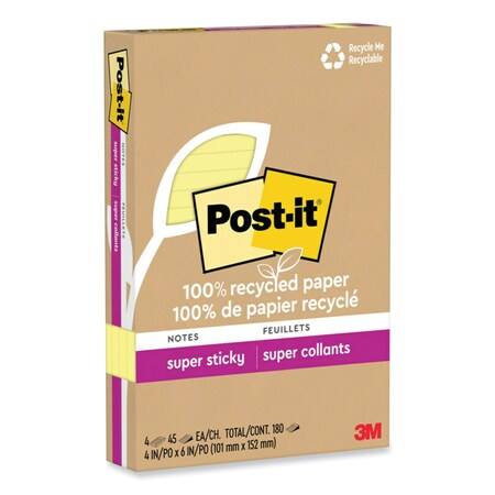 Post It Notes Super Sticky 100% Recycled Paper Super Sticky Notes, Ruled, 4 x 6, Canary Yellow, 45 Sheets/Pad, 4PK 70007079794
